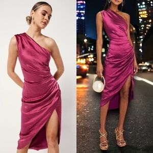 NWT ELLIATT 70s Satin Sleeveless 1 Shoulder Ruched Faux Wrap Asymmetric Dress M‎